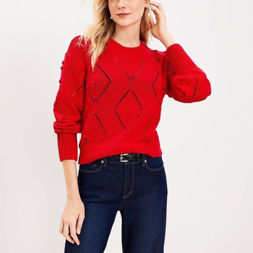 Loft Geo Pointelle Bobble Sweater Red NWT Size M Christmas Valentines Winter
